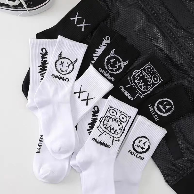 Emoji-filled Cotton Black-and-white Instagram-style Cartoon Hip-hop Quirky Long Socks For Couples