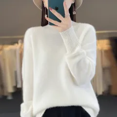 Women's Half Turtleneck Keep Warm Pure Colour Cashmere - Warm White - View 1