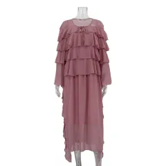 Tiered-Ruffle Long Dress Loose Lace-up Chiffon Dress - Pink - View 1