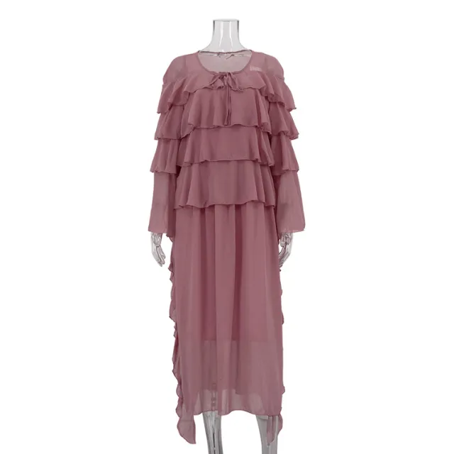 Tiered Ruffle Long Dress Loose Lace up Chiffon Dress Pink - Shop at LoveMi