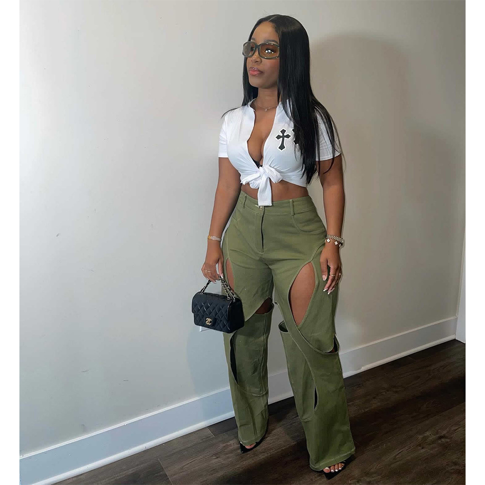 Cotton And Linen Flower Casual Pants Twist Green - Shop at LoveMi