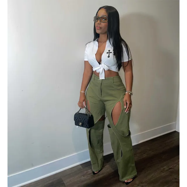 Cotton And Linen Flower Casual Pants Twist Army Green - Shop at LoveMi