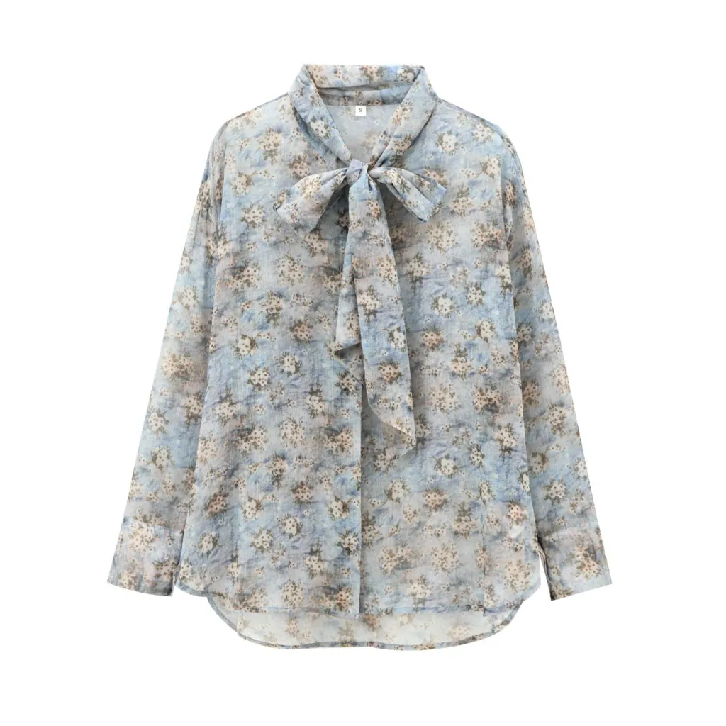European And American Women's Clothing French Floral Tie Bow Long-sleeved Shirt - Blue