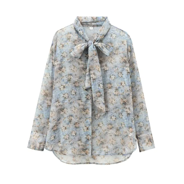 European And American Women's Clothing French Floral Tie Bow Long sleeved Shirt Blue - Shop at LoveMi