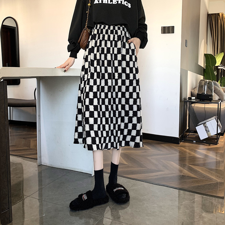 Corduroy A-line Midi Skirt With A Niche Designer-inspired Plaid Pattern