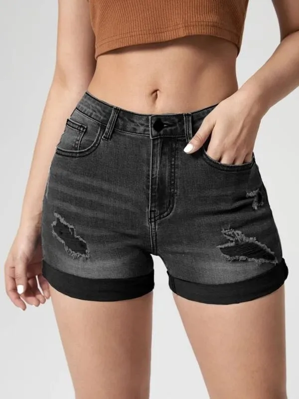 Women's Fashion Holes Curling High Elastic High Waist Denim Shorts Black - Shop at LoveMi