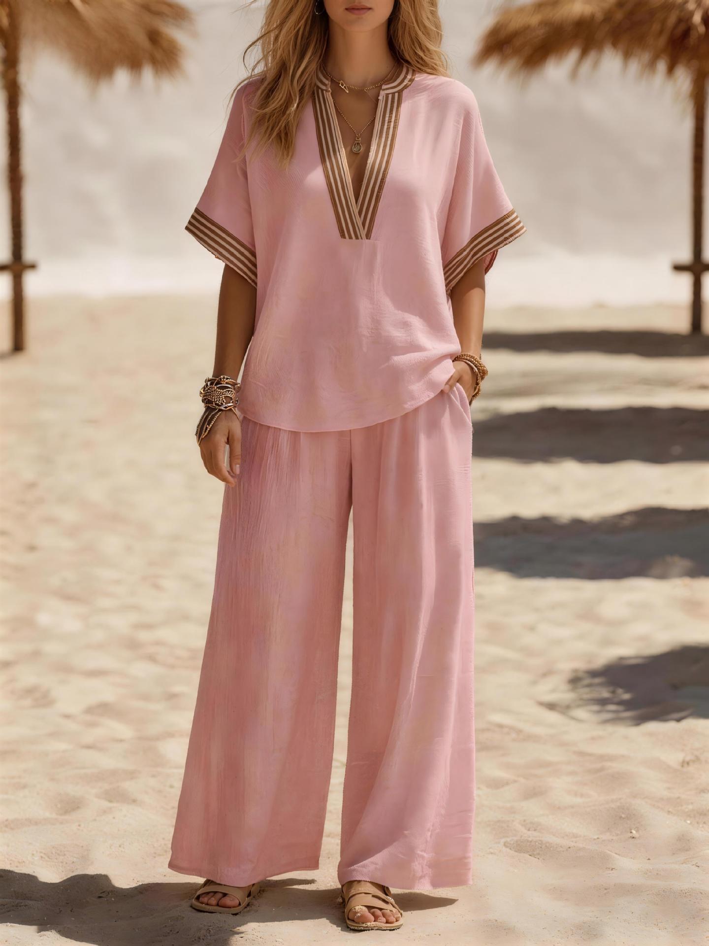 Women's linen cardigan and wide-leg pants set in Light Blue – sleeveless co-ord styled for vacation resort wear