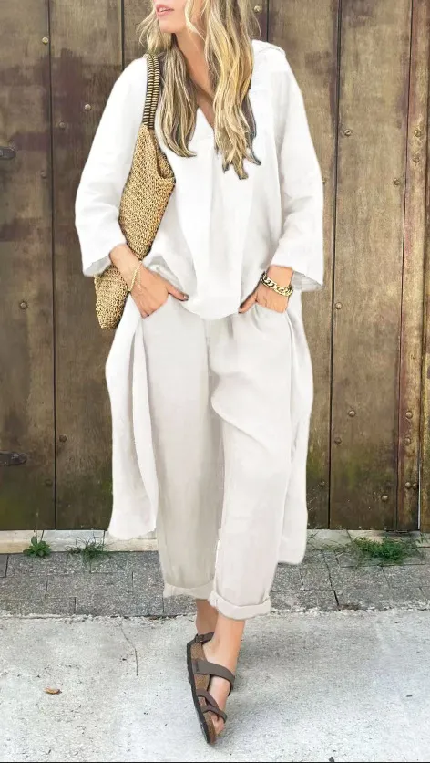 Long sleeved Suits Loose V neck Long Top And High Waist Wide Leg Pants With Pockets Women's Clothing White - Shop at LoveMi