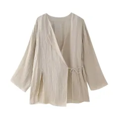 Women's Linen Split Coat Wide Leg Pants Suit - Picture Colour Top-L - View 1