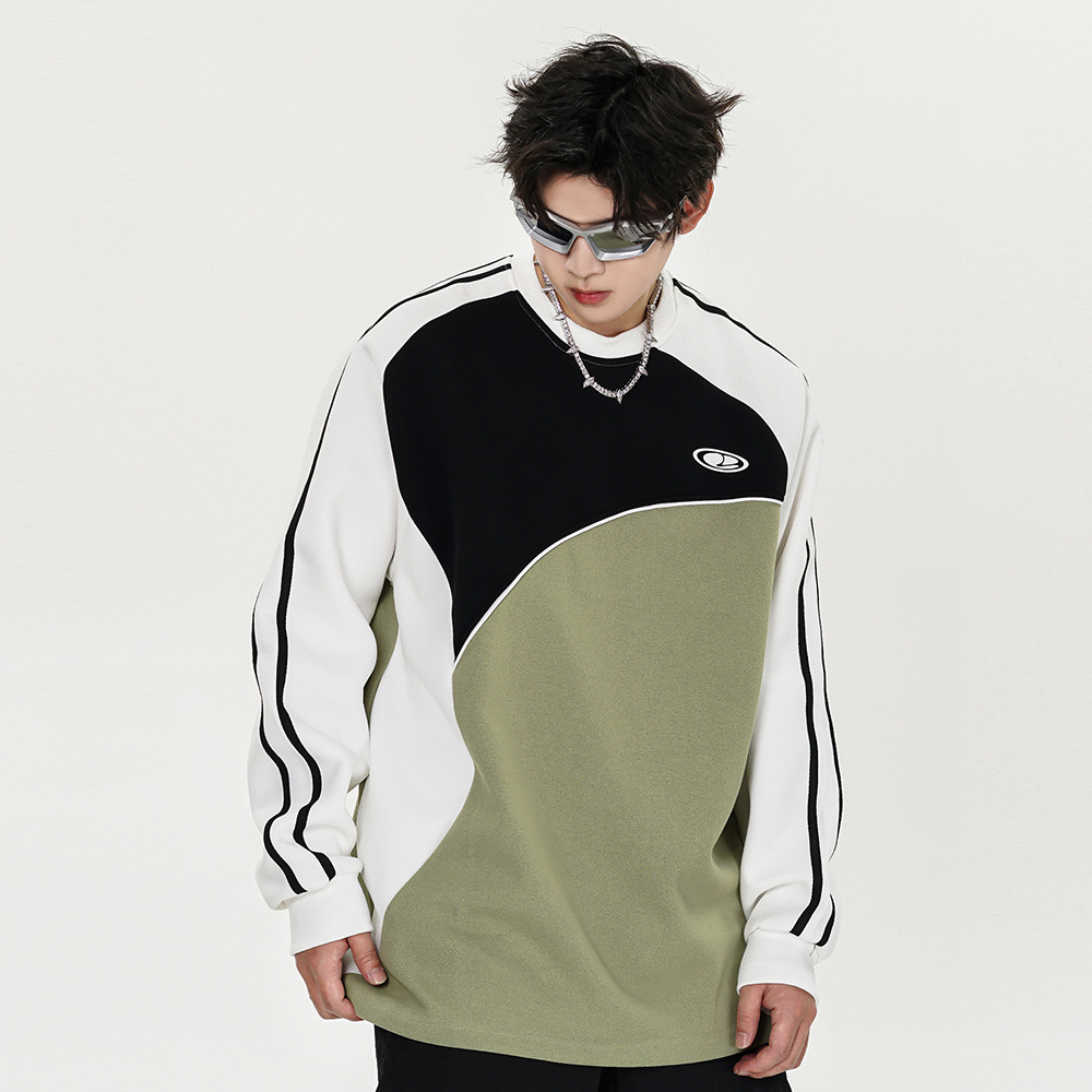 Ribbon Stitching Raglan Sleeve Round Neck Sweater Men