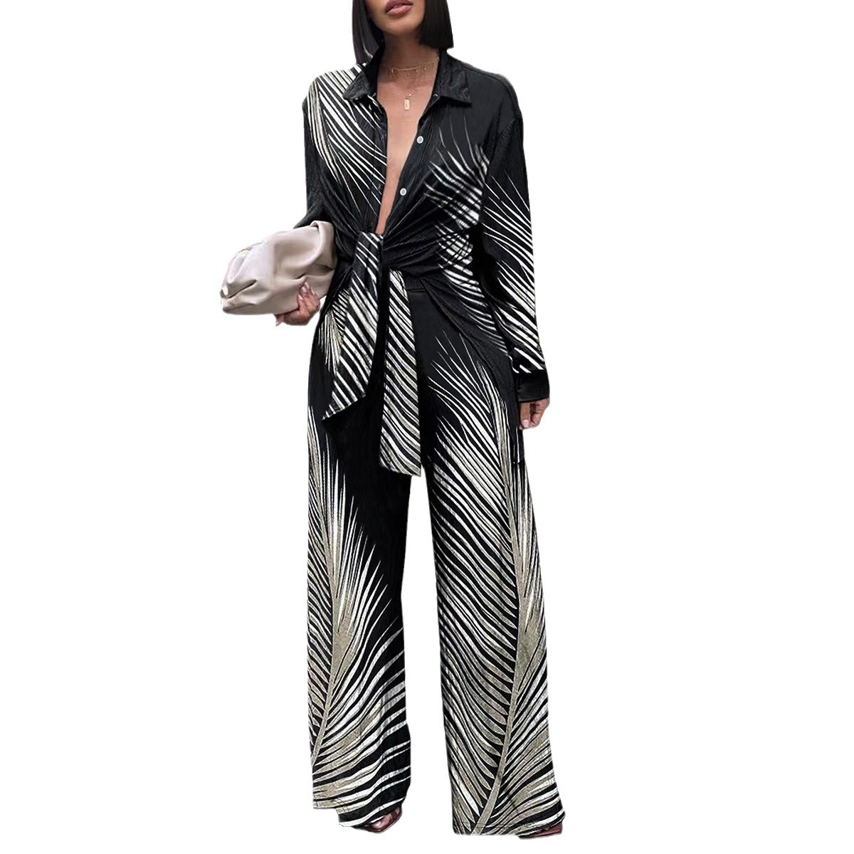 Women's Fashion Printed Long-sleeved Trousers Casual Shirt Two-piece Set