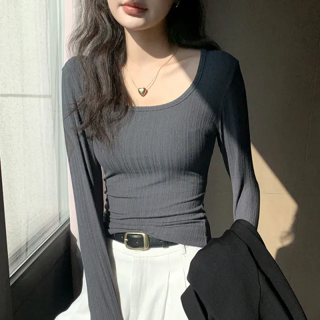 Big U neck T shirt Women's Bottoming Shirt Long Sleeve Dark Gray - Shop at LoveMi