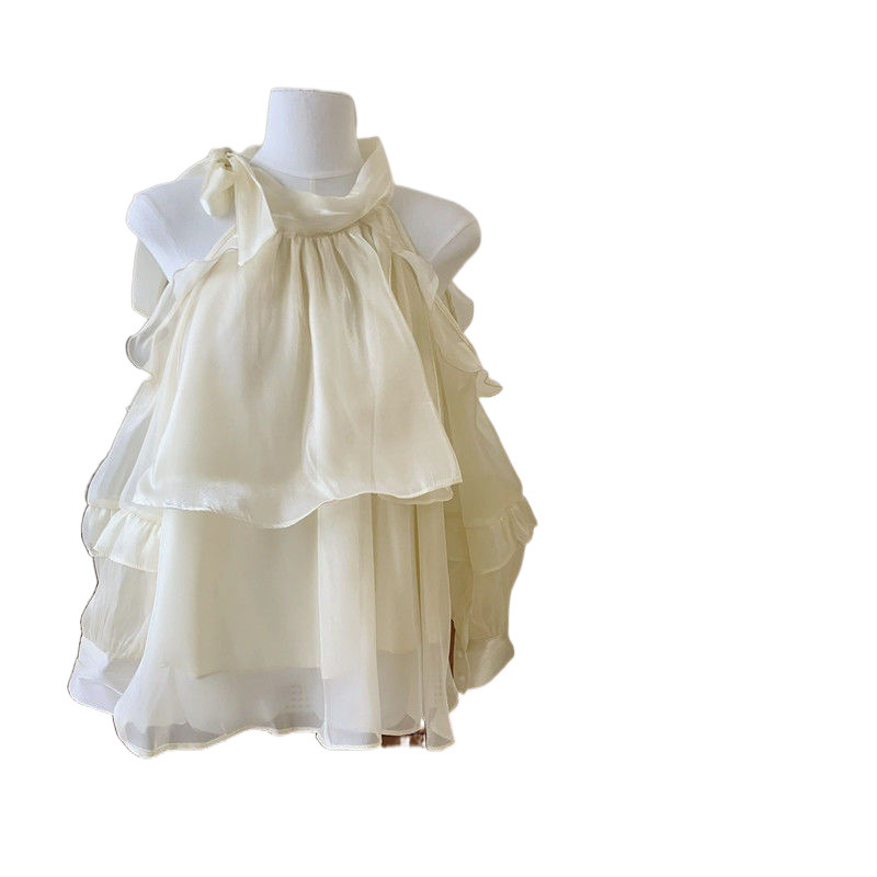 Wooden Ear Gloss Lace-up Halterneck Cold-shoulder Sleeveless Top