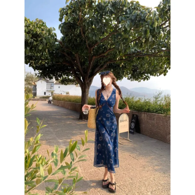 Vacation Style V-neck Printing Slip Dress Women - Blue