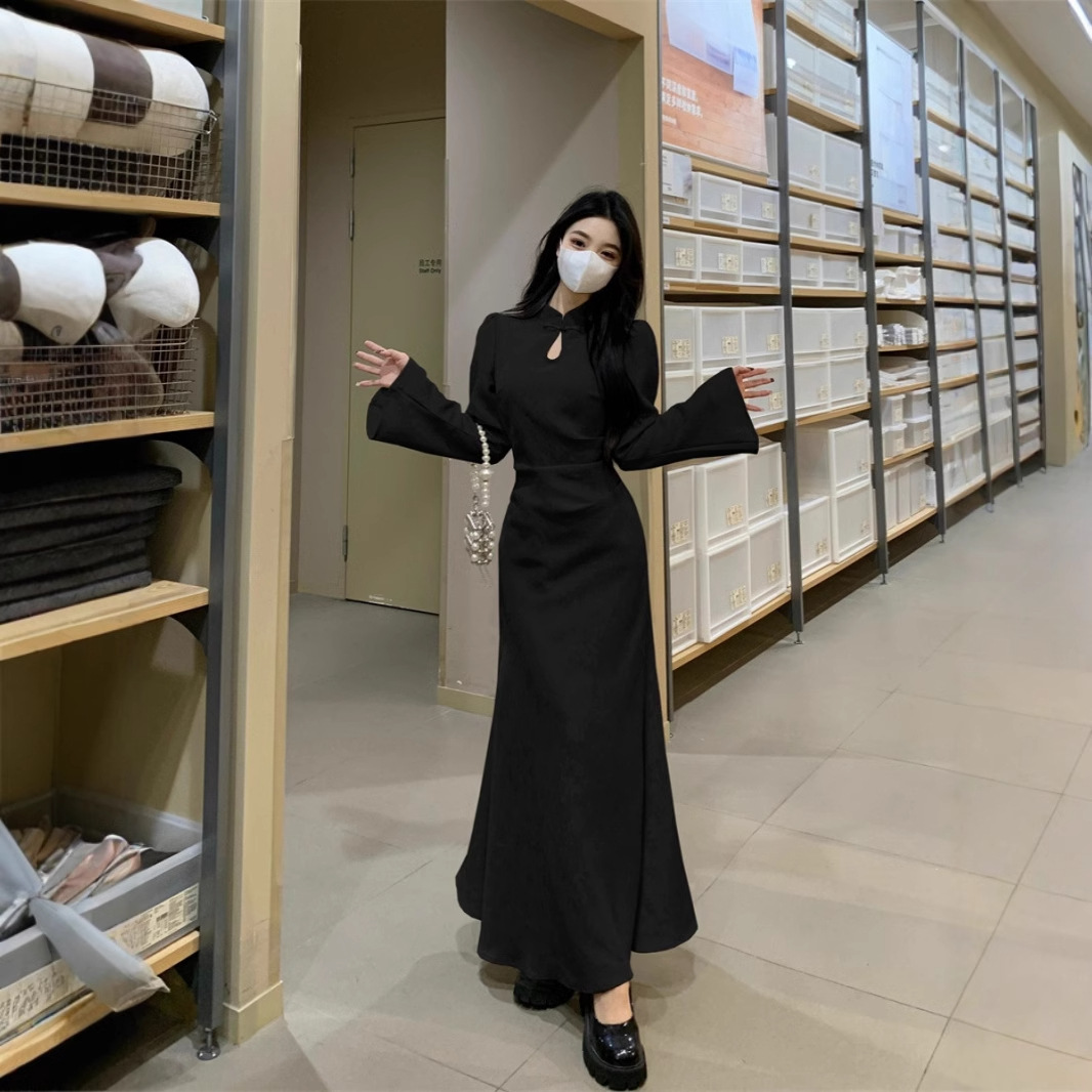 Plus Size Cheongsam Dress Women's Black Dress Plump Girls Waist-tight Draping Effect Skirt