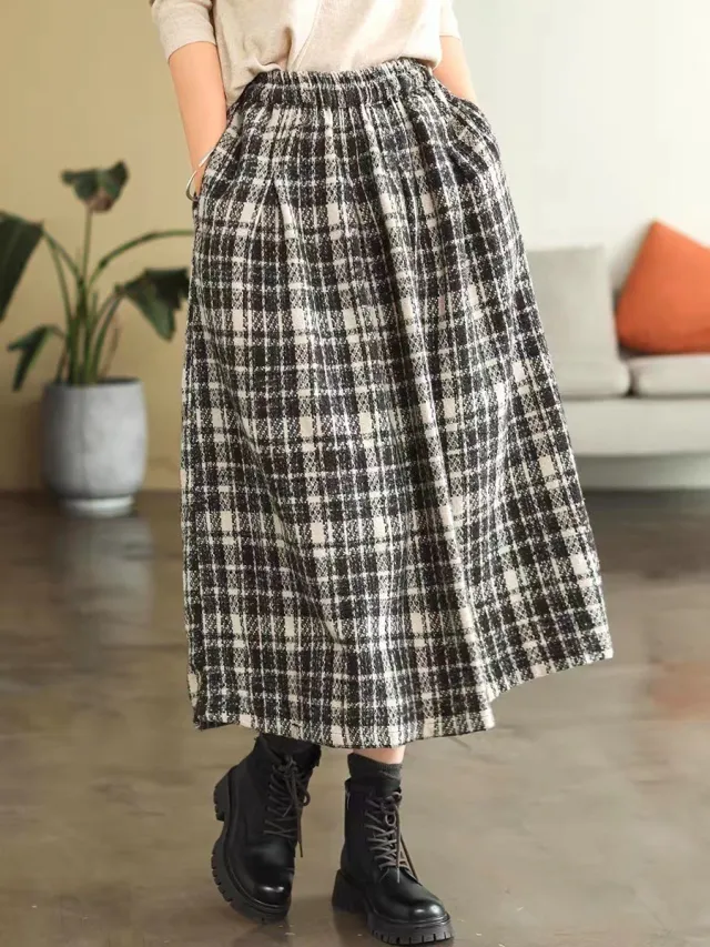 Elastic High Waist Woolen Cloth Plaid A Line Dress White - Shop at LoveMi