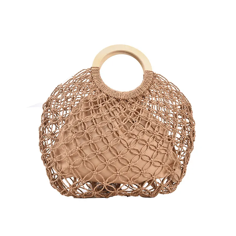 Women's Fashion Casual Straw Solid Color Tote Bag - Khaki