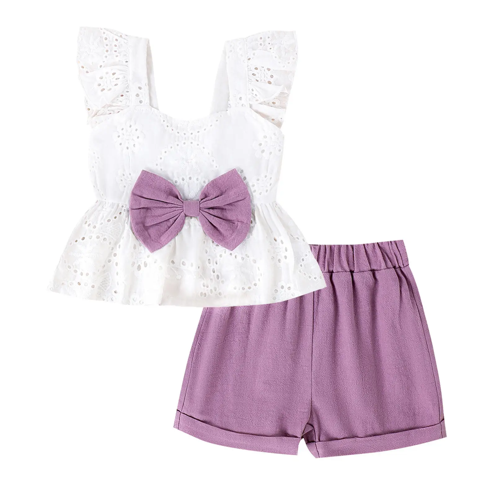 Sweet Flying Sleeve White Bow Top Shorts Suit