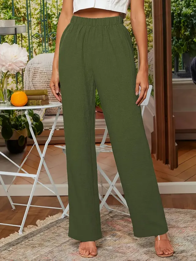 European And American Women's Clothing Elastic Waist Casual Straight Pants Texture Fabric Casual And Comfortable Olive - Shop at LoveMi