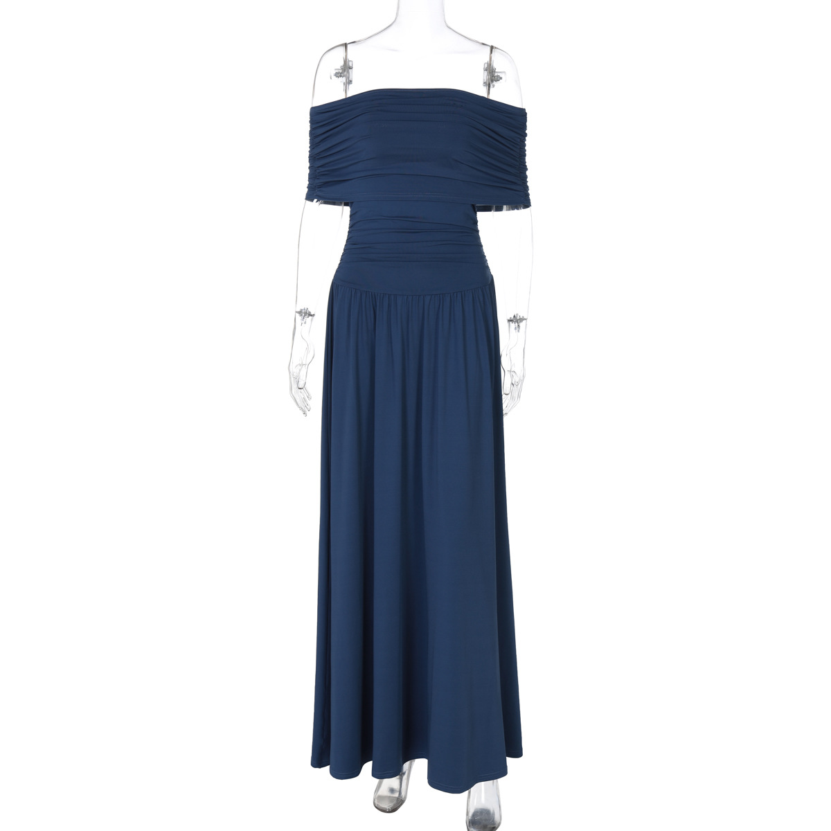 Women's Fashionable Elegant Slim fit Off neck Tube Top Solid Color Waist Tight Dress Navy - Shop at LoveMi