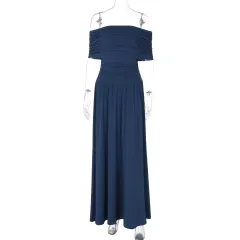Women's Fashionable Elegant Slim-fit Off-neck Tube Top Solid Color Waist Tight Dress - Navy - View 1