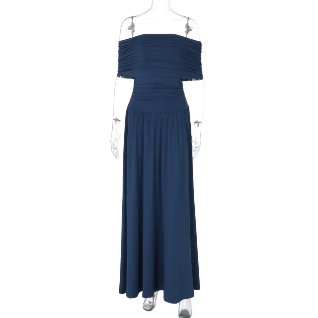 Women's Fashionable Elegant Slim fit Off neck Tube Top Solid Color Waist Tight Dress Navy Blue - Shop at LoveMi