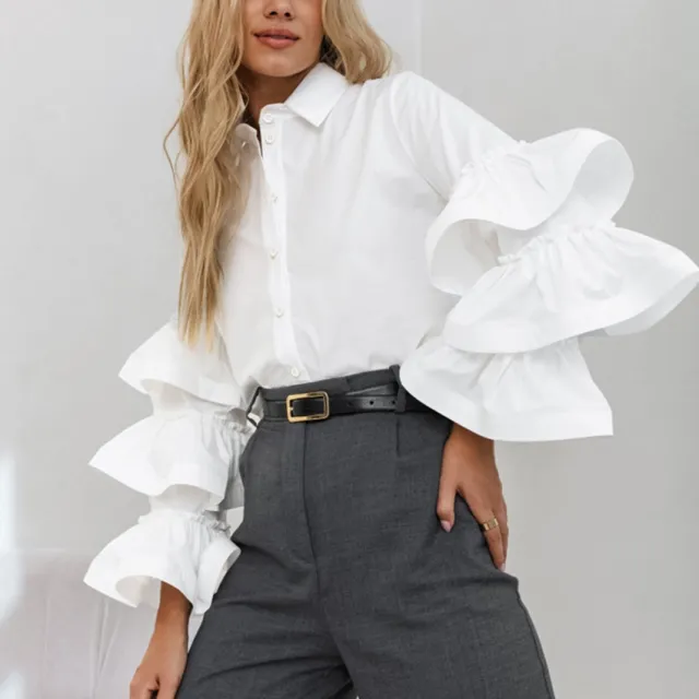 French Style Cotton Lapel Ruffled Shirt White - Shop at LoveMi