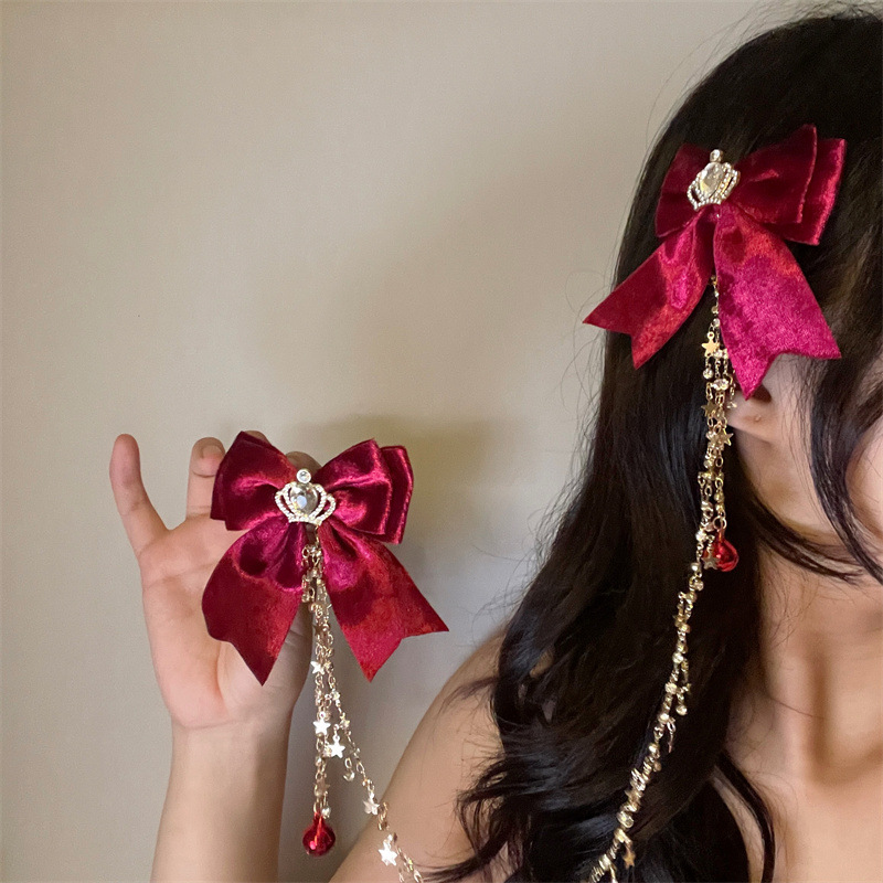 New Year Red Bell Crown Bow Tassel Hair Clip