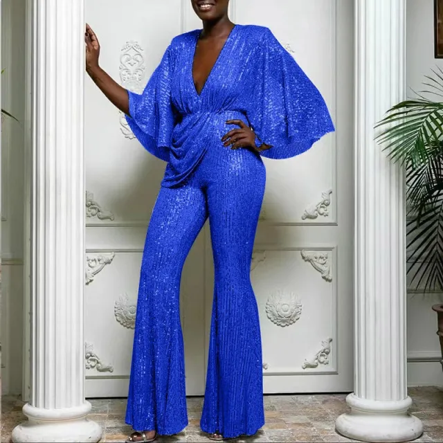 Sequined Deep V neck And Backless Jumpsuit Trousers Blue - Shop at LoveMi