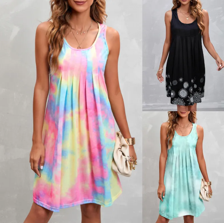 Beauty Clothing Sleeveless Round Neck Pleated Tie-dye Print Dress