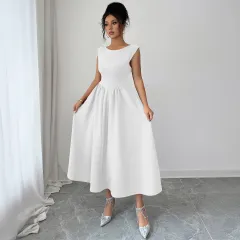 Solid Colour Waist Long Skirt Dress Women - Beige - View 1