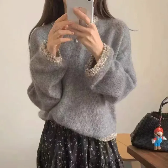 Autumn And Winter Design Collar Hem Bright Silk Solid Color Mohair Sweater Gray - Shop at LoveMi