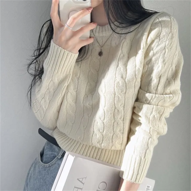 Japanese Sweater Preppy Style Short Cable knit Sweater Round Neck Long Sleeve Apricot - Shop at LoveMi