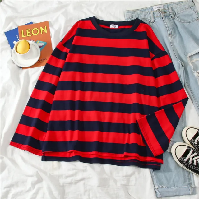 Fashion Loose fitting Long Sleeves T shirt Red And Blue Stripes - Shop at LoveMi