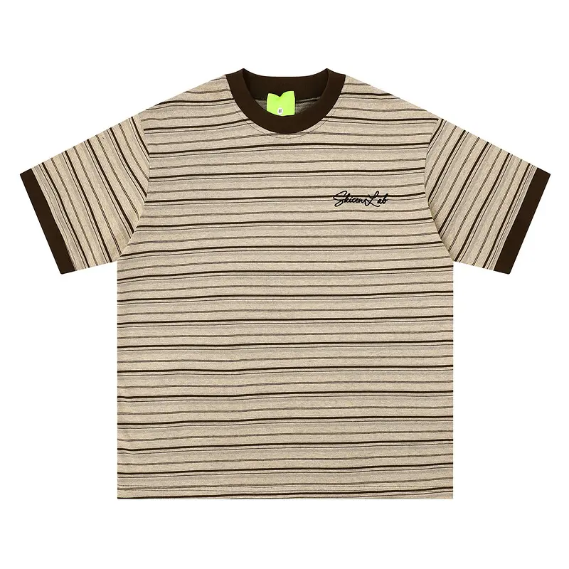 Contrast-color Ribbed Collar Striped Short-sleeve T-shirt