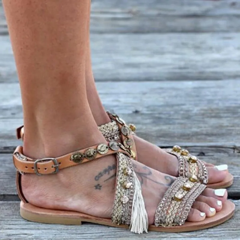 Flat Heel Beach Retro Roman Style Shoes Toe Sandals - Apricot