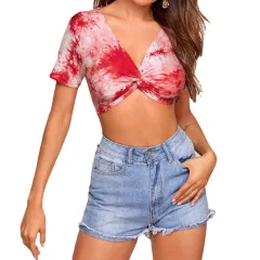 New European And American Style Women's Clothing Slim Short-sleeved Tops Tie-dye Printed Sexy Navel T-shirt - Red - View 1