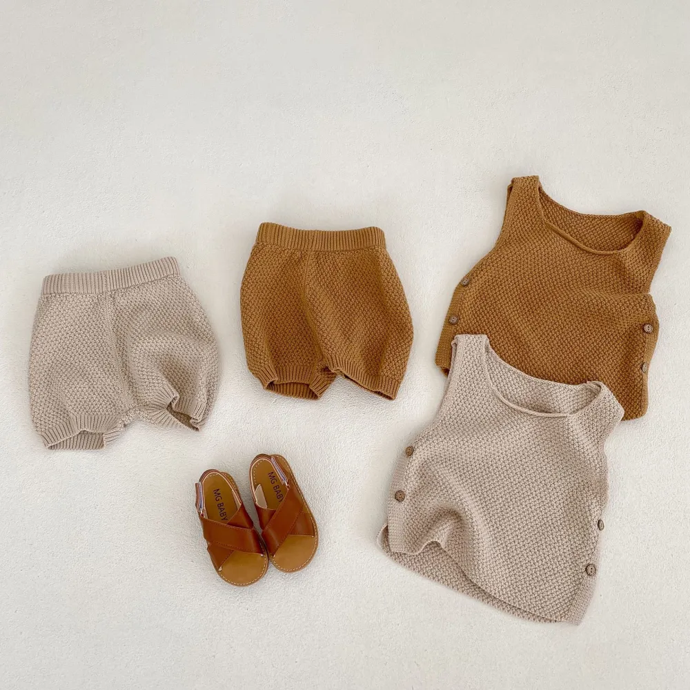 Vest Open Button Top Shorts Boys And Girls Baby 2 Pieces Suit