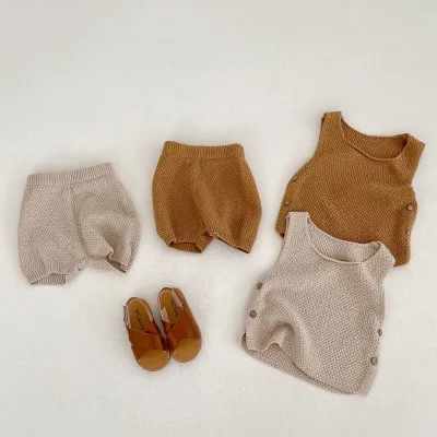 Vest Open Button Top Shorts Boys And Girls Baby 2 Pieces Suit