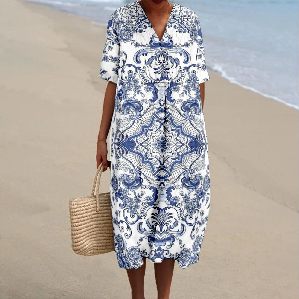Printed Large Wide V-neck Women's Dress
