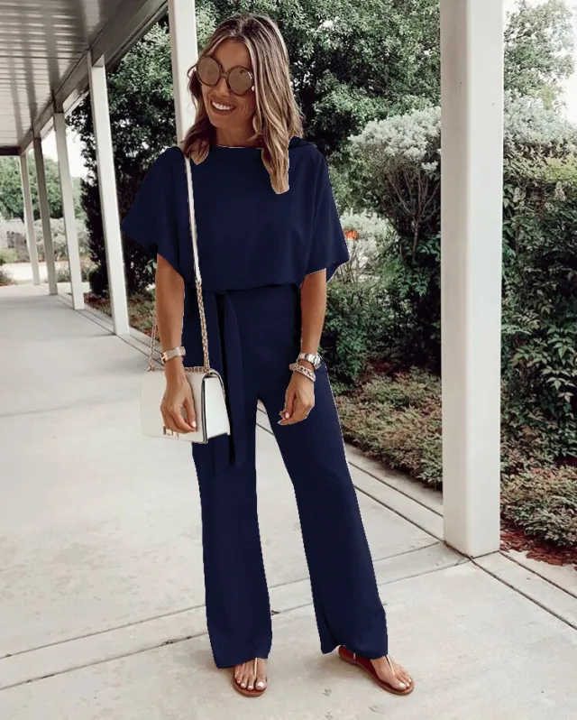 Women's Loose Casual Lace Up Jumpsuit Short Sleeve Navy Blue - Shop at LoveMi