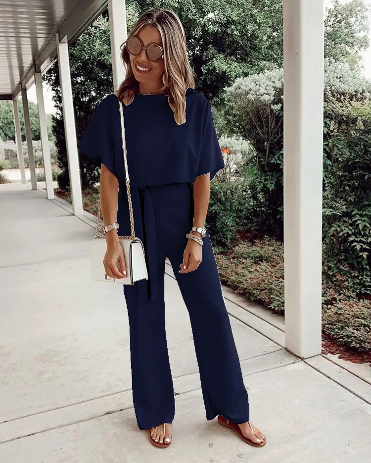 Women's Loose Casual Lace Up Jumpsuit Short Sleeve - Navy Blue