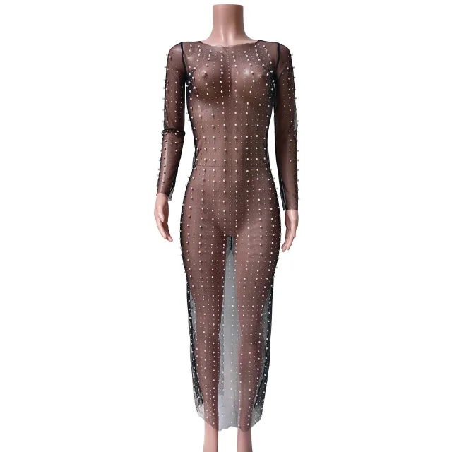 Fashion Bead Rhinestone Blouse Mesh Long Sleeve Dress Black - Shop at LoveMi