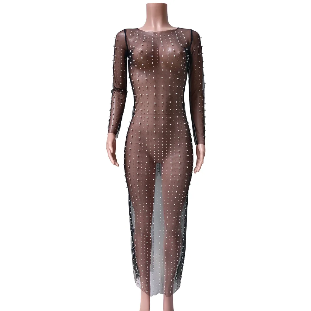Fashion Bead Rhinestone Blouse Mesh Long Sleeve Dress - Black