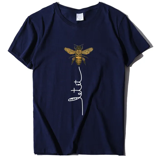 Bee And Letter Print Pattern Women's Loose T shirt Navy Blue - Shop at LoveMi