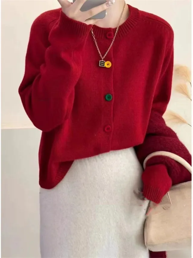 Korean style Age reducing Rainbow Single breasted Round Neck Red - Shop at LoveMi