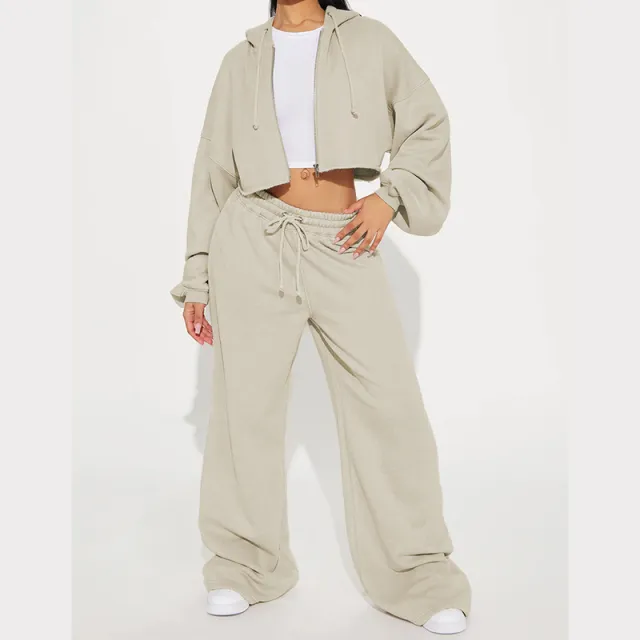 European And American Hooded Front Cardigan Zipper Sweater Wide Leg Loose Trousers Suit Champagne M - Shop at LoveMi