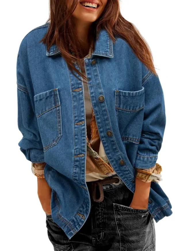 Women's Denim Jacket Large Pocket Button Long Sleeve Split Denim Retro Blue - Shop at LoveMi