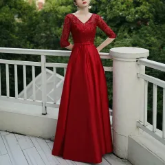 Banquet Party Elegant Evening Dress Women - Dark Red - View 1
