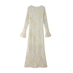 Three-dimensional Plate Flower Bell Sleeve Slim-fit Long Sleeve Dress - Apricot - View 1